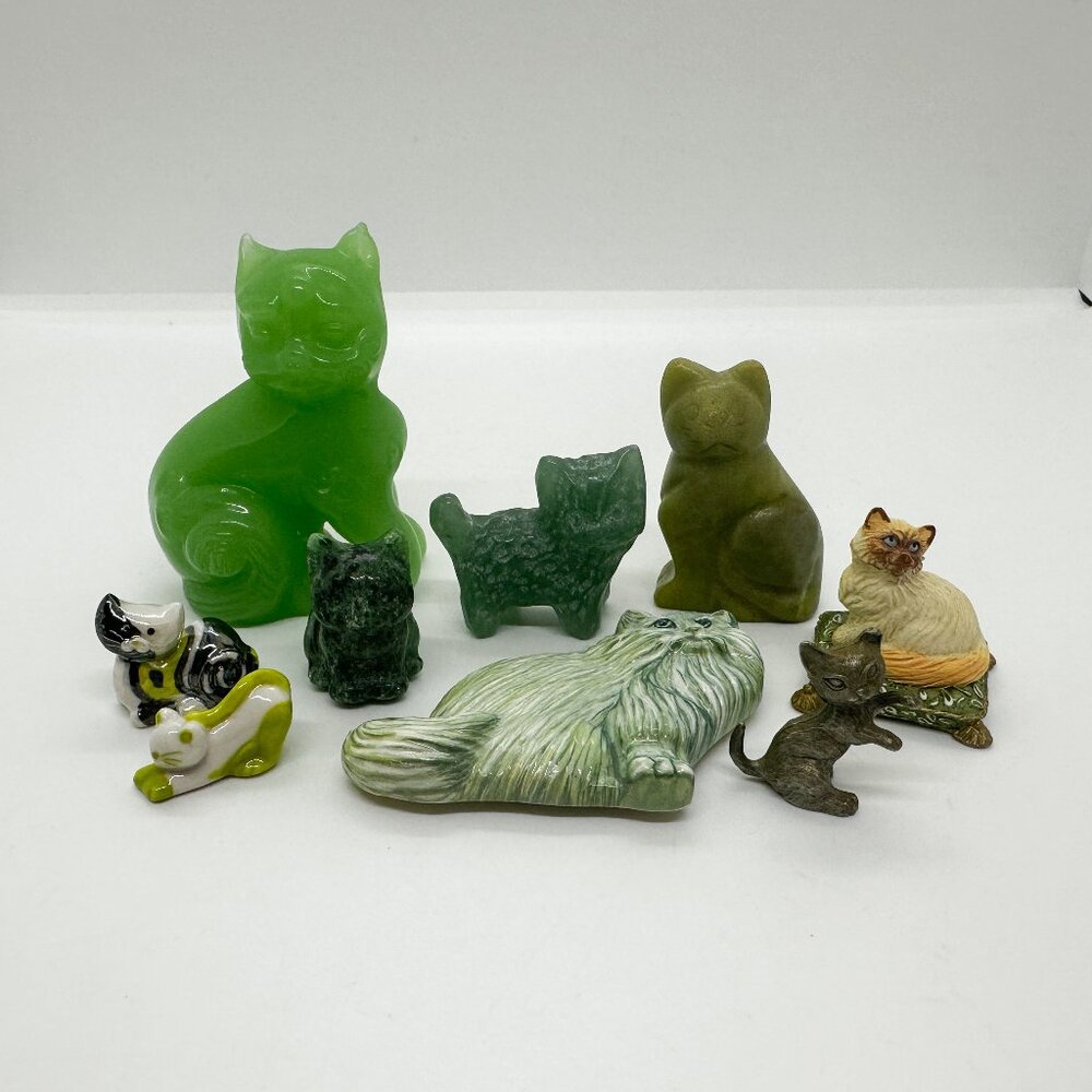 Vtg Green Cat Cats Figurine Lot Collection Persian Kitten Crystal Stone